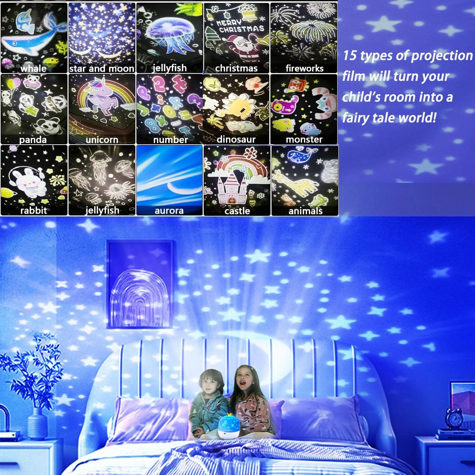 Fantasy Creative Projector 360°Rotating 15 Kinds of Projector Slides Starry Galaxy LED Projector Night Light Kids Birthday Gift